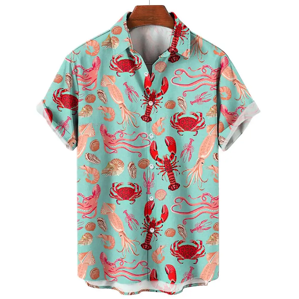 Camisa hawaiana con estampado 3D de pescado y mariscos para hombre, ropa de calle con solapa de manga corta con botones, comodidad informal, moda de verano