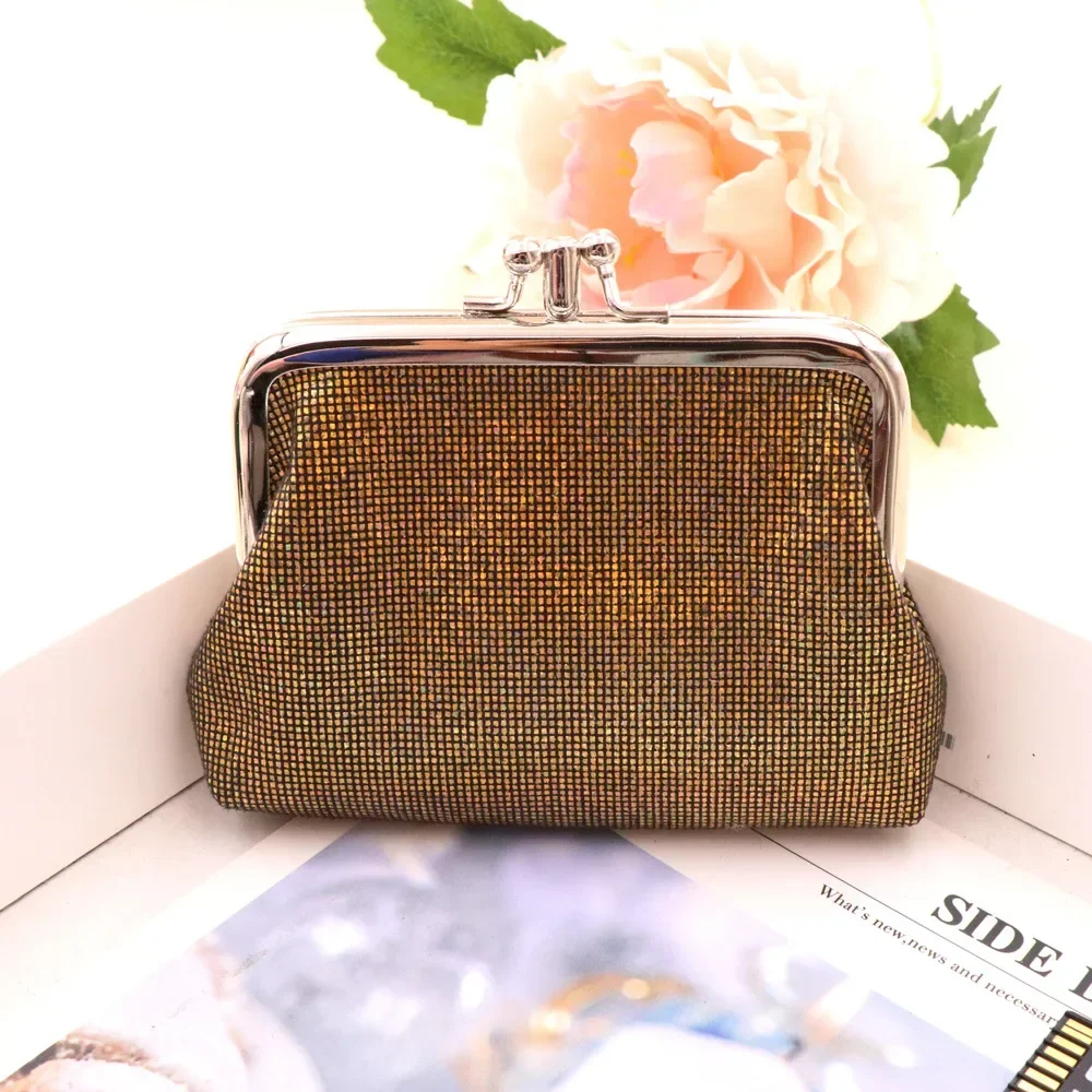 Cartera corta de rejilla brillante de PU de doble capa Vintage para mujer, monedero pequeño, paquete de tarjetas creativas, bolso de Estudiante