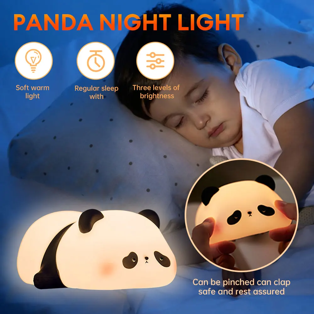 LED Night Lights Cute Panda Silicone Lamp USB Rechargeable Timing Bedside Lamp Decor Kids Birthday Gifts for Home Bedroom