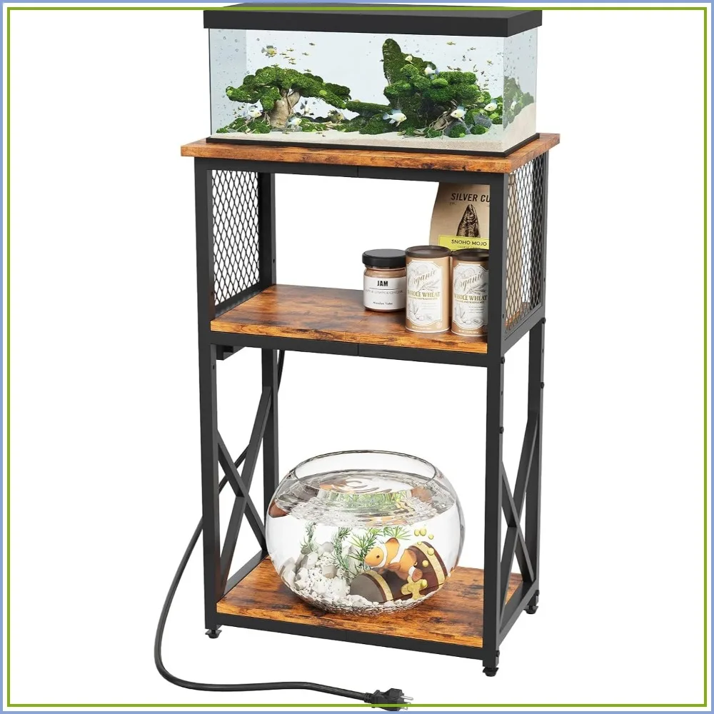 10 Gallon Fish Tank Stand with Power Outlet, 3 Tier Aquarium Stand with Shelf, Adjustable Boards, 20.47"L x 11.42"W x 30.91"H, Retro Brown