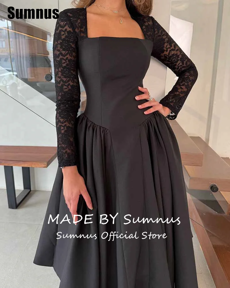 Sumnus Elegant Black A-Line Prom Dress Square Collar Lace Long Sleeves Tea Length Draped Party Dresses فساتين سهرة	Customized