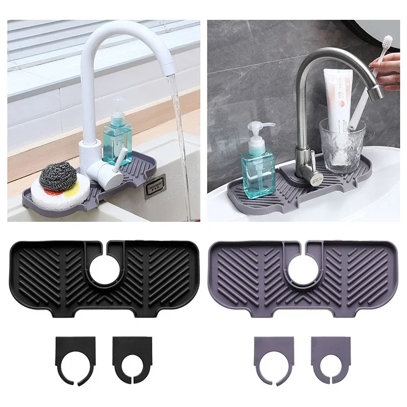 

1PC Sink Splash Guard Silicone Water Catcher Mat Behind Faucet Sink Draining Tray With 2 Adjustable Buckle Soft Bar Soap Holder
