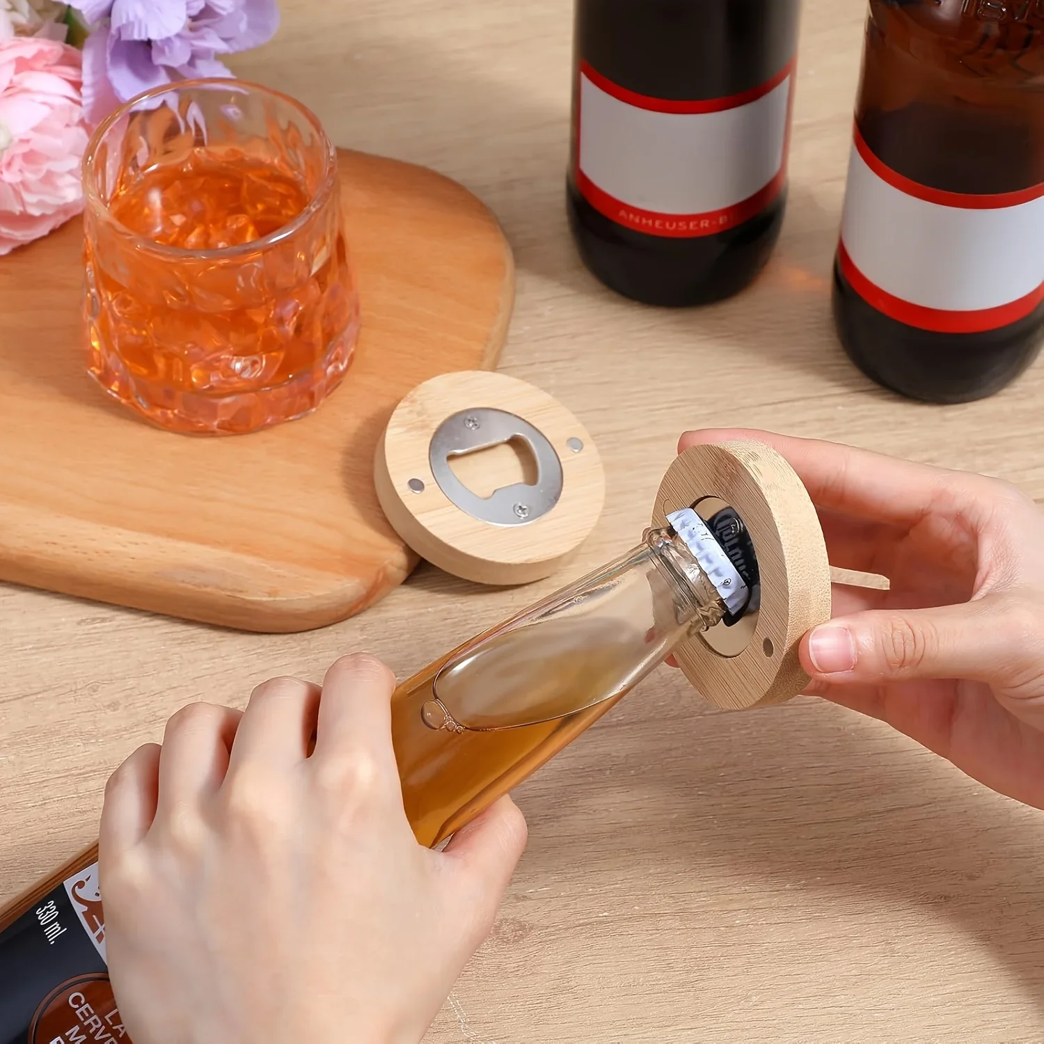 30pcs Individual Packing DIY Bottle Opener Round Bamboo Beer Opener Beer Refrigerator Sticker Openers Coasters for Beer Lover