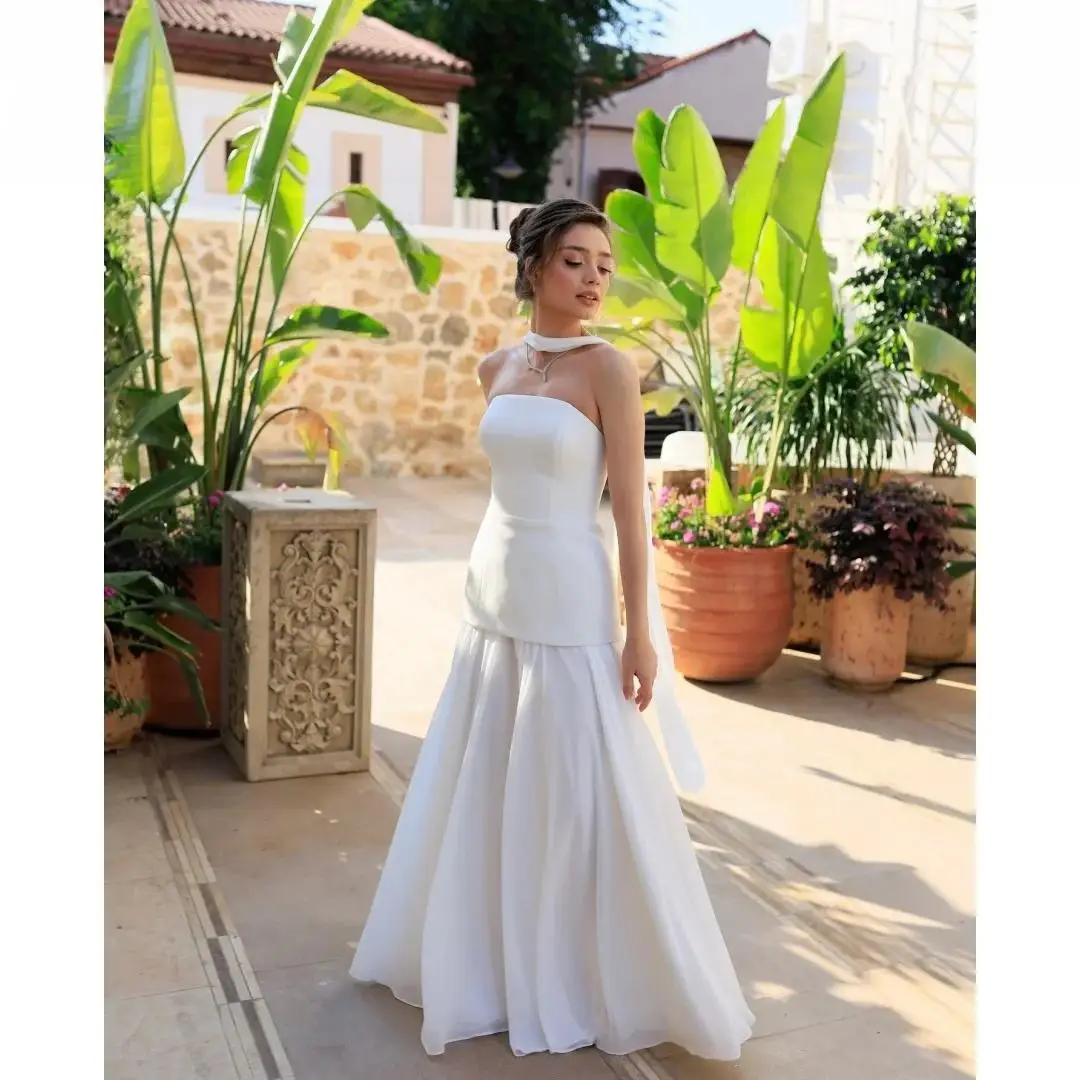 Maßgeschneiderte weiße lange Seidenschals, Ballkleider, trägerlos, rückenfrei, bodenlang, Vestidos de Festa