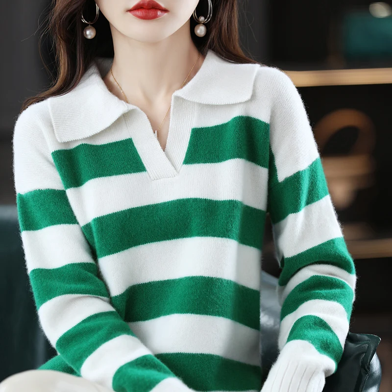 New Arrivals Women Sweater 100% Pure Wool Knitted Pullover Autumn Turn-down Collar Striped Jumper For Female Soft Shirt Girl Top