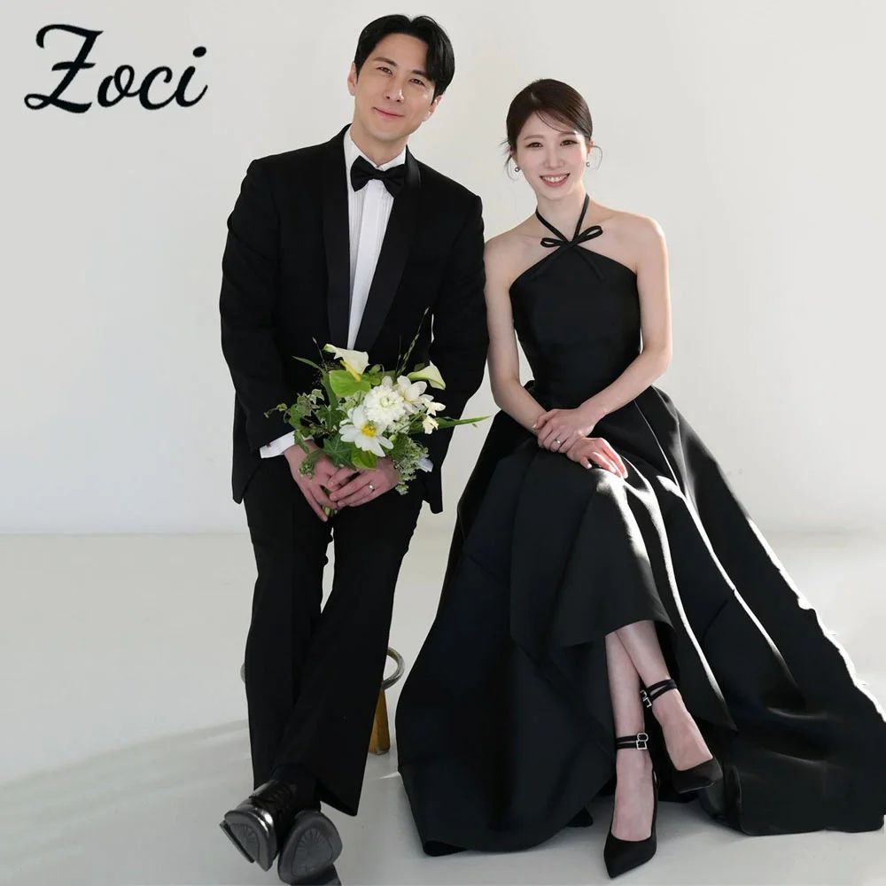 

Zoci Sexy Halter Neck Black Korea Wedding Dresses Photos Shoot Customized Draped Satin Sleeveless Backless Bridal Party Gown