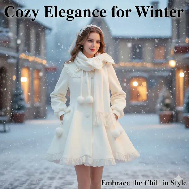 Bow Dresses Midi Dresses Chic Fall Winter Wool Coat Scarf Set Sweet Petite Women Two-Piece Outfit Elegant Soft Warm Layered Set