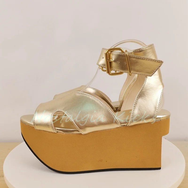 Gold Leather Open Toe Platform Sandals Ankle Strap Thick Bottom Summer Fashion Shoes Comfortable Women's Walking Dress Shoes