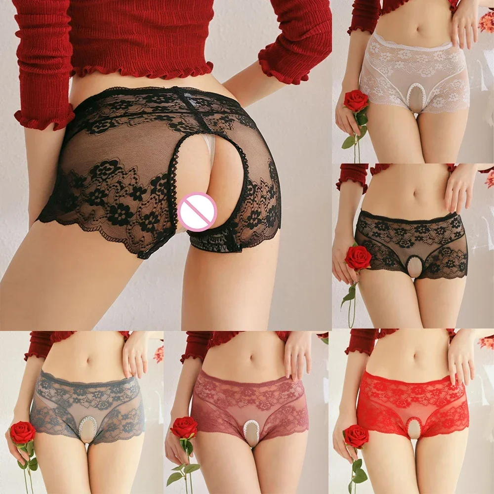 Women Sexy Opening Crotch Panties Lingerie Open Butt Crotchless Knickers Sex Briefs Lace Hollow Out Thong See Through Underwear