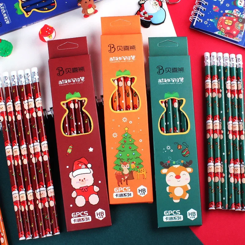 6pcs Kawaii Christmas Pencils with Erasers Cute Santa Snowman Elk HB Wooden Pencils for Kids Back To School Office Supplies