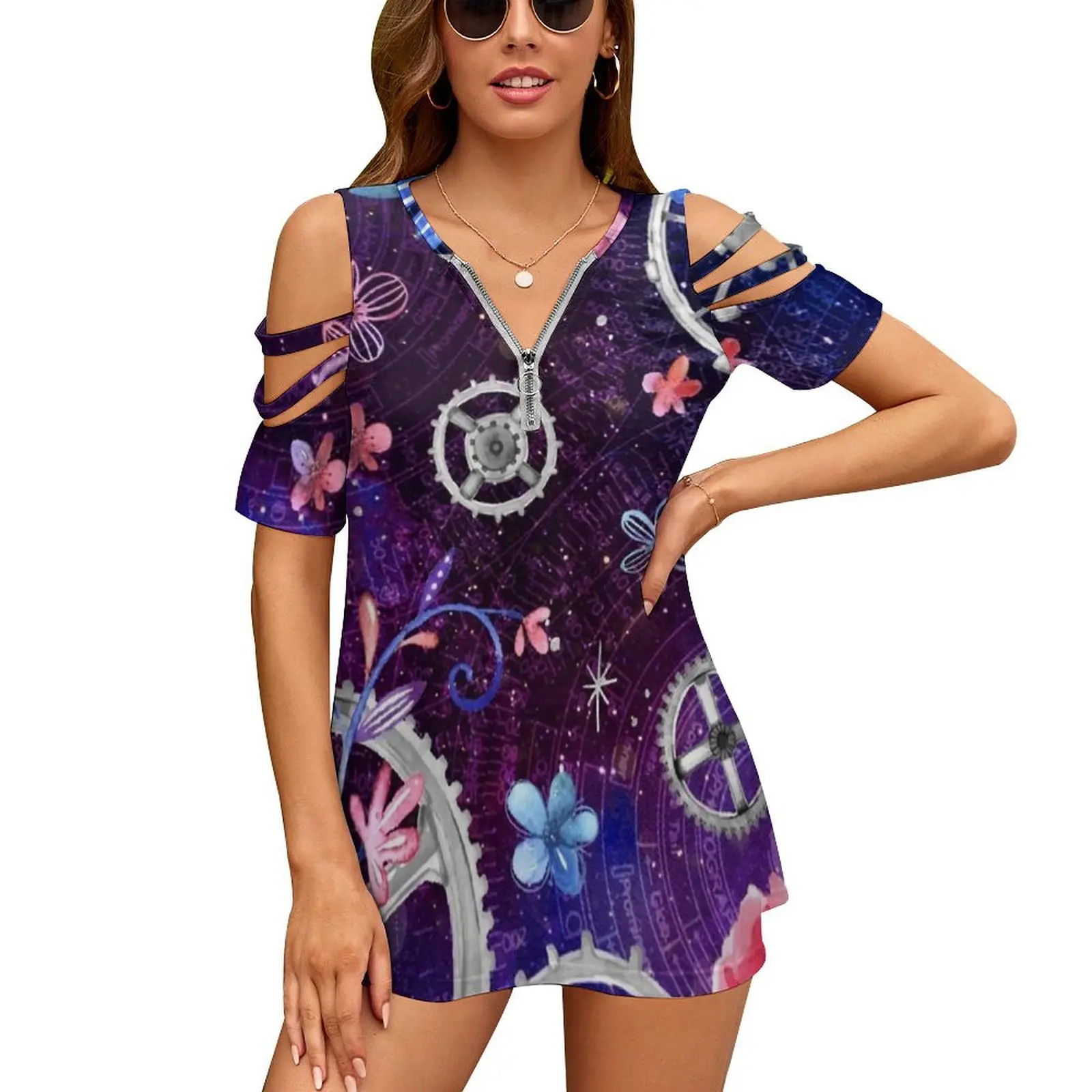 Broken Isn'T The Same New Fashion Zip Off Shoulder Top Short-Sleeve Women Shirt Floral Flowers Watercolor Galaxy Nebula Space