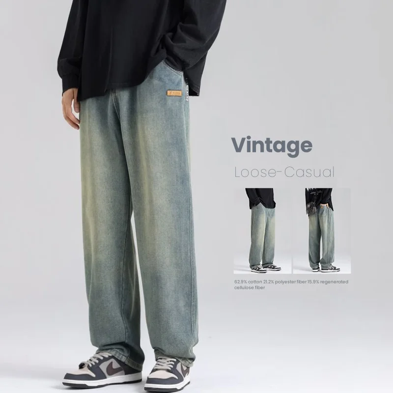 

Casual Vintage Jeans Men's Korean Wide-leg Fashion Embroidery Label Pants Loose Comfortable Male Straight Denim Trousers