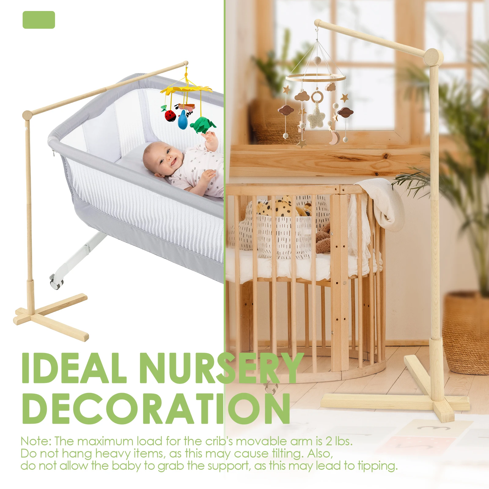 Braccio mobile per culla Supporto in legno da pavimento Appendiabiti mobile per bambini Decorazione per asilo nido per appendere campanelli e giocattoli per lettino