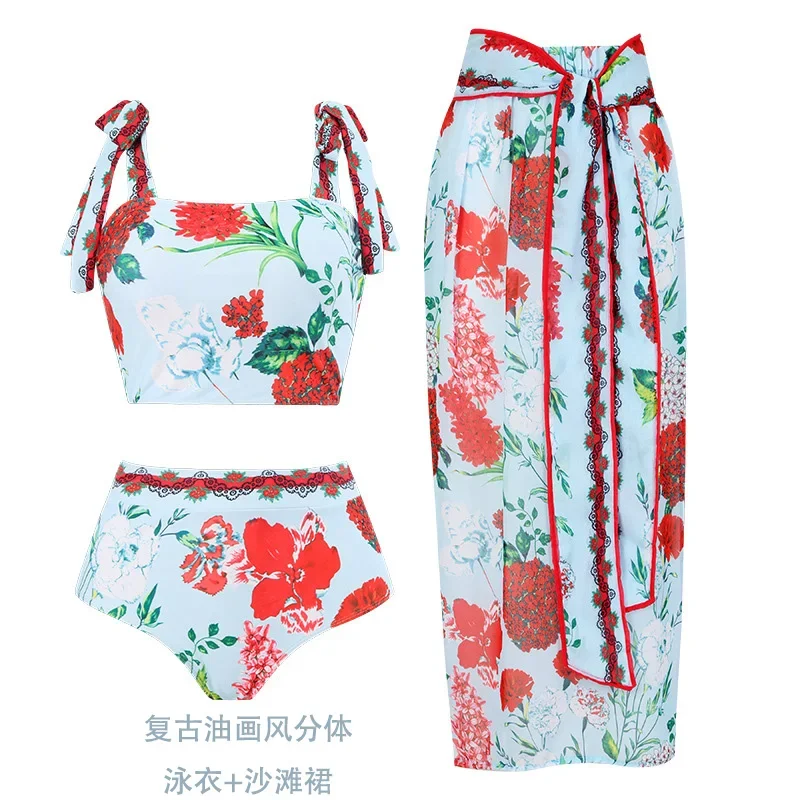 New oil painting style split swimsuit women's beach skirt three piece set vacation swimsuit