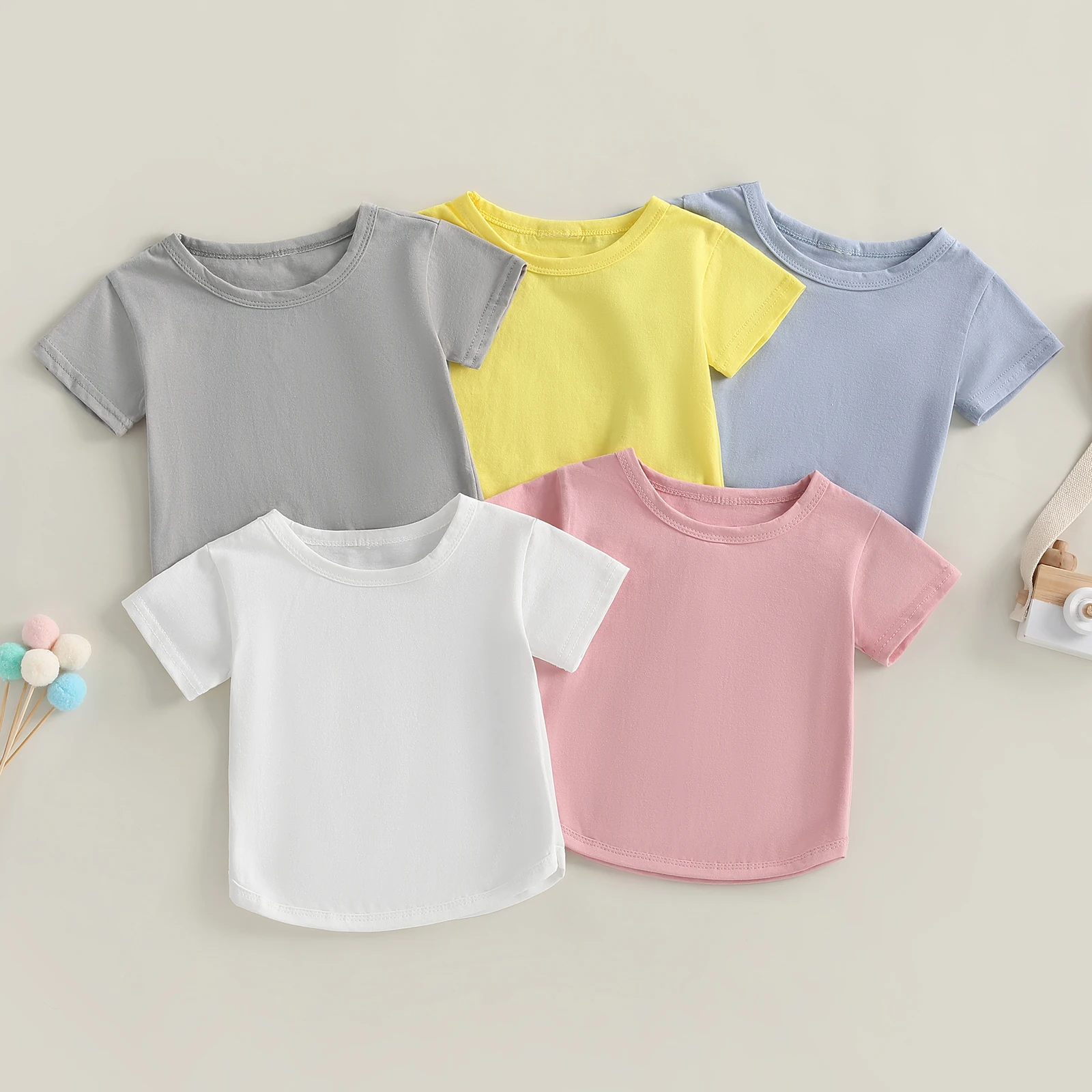 Pudcoco Kids Newborn Baby Boy Girls T-Shirt Casual Summer Round Neck Solid Color Loose Short Sleeve Pullover Shirt Toddler 0-3T