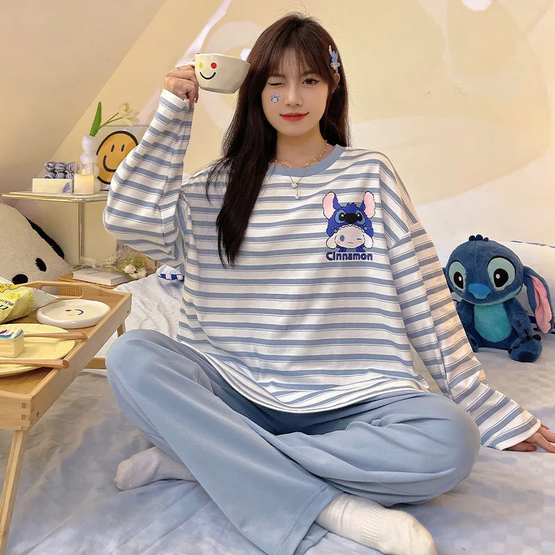 

Stitch Student Cartoon Pajama 2Pcs Women's Spring Autumn Long Sleeve Cute Loose Home Clothes Sweet with Chest Mat Pajama Set
