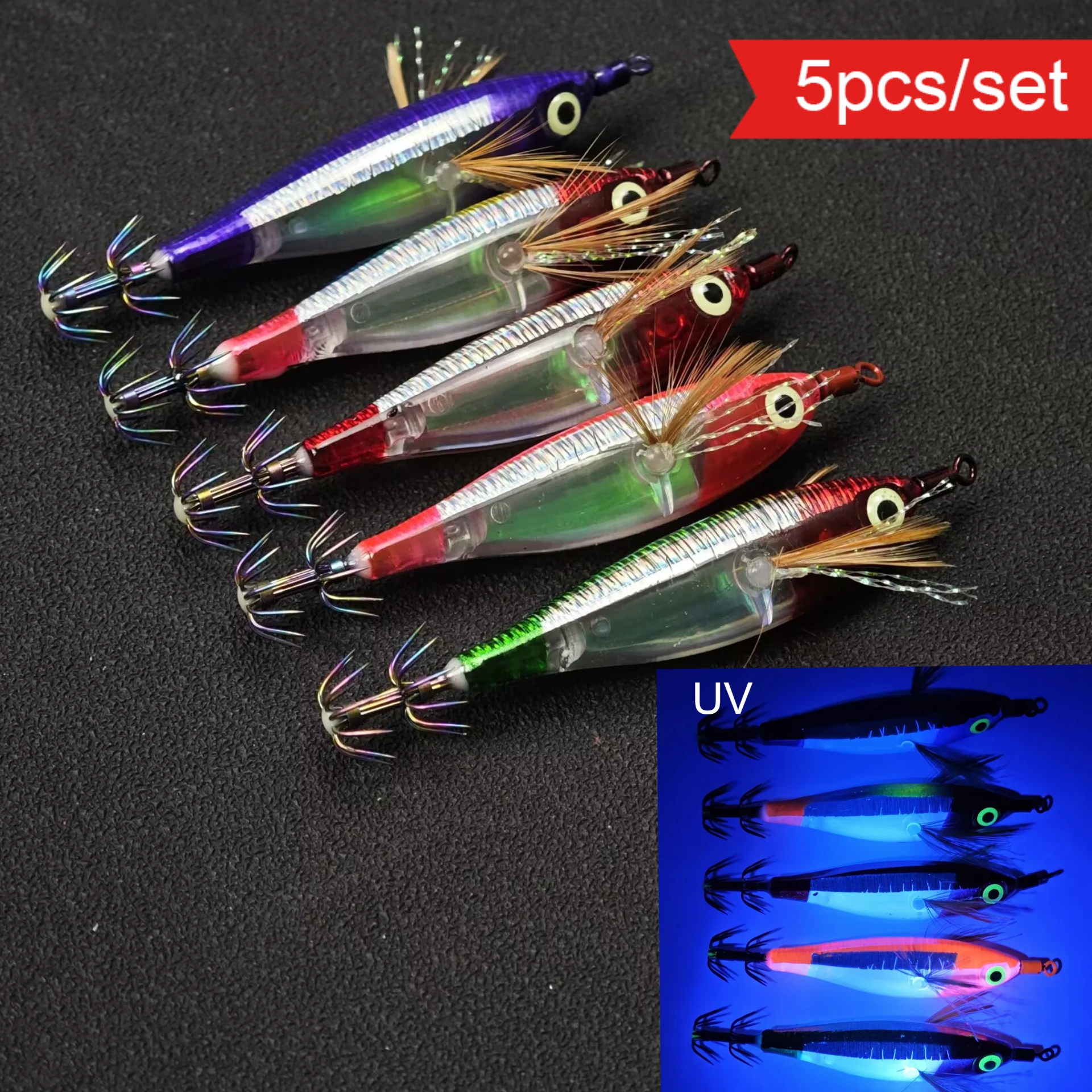 5pcs Fishing Lure Horizontal Squid Jig Luminous Glow Wood Shrimp Bait Octopus Sea Fishing Lure Egi Set