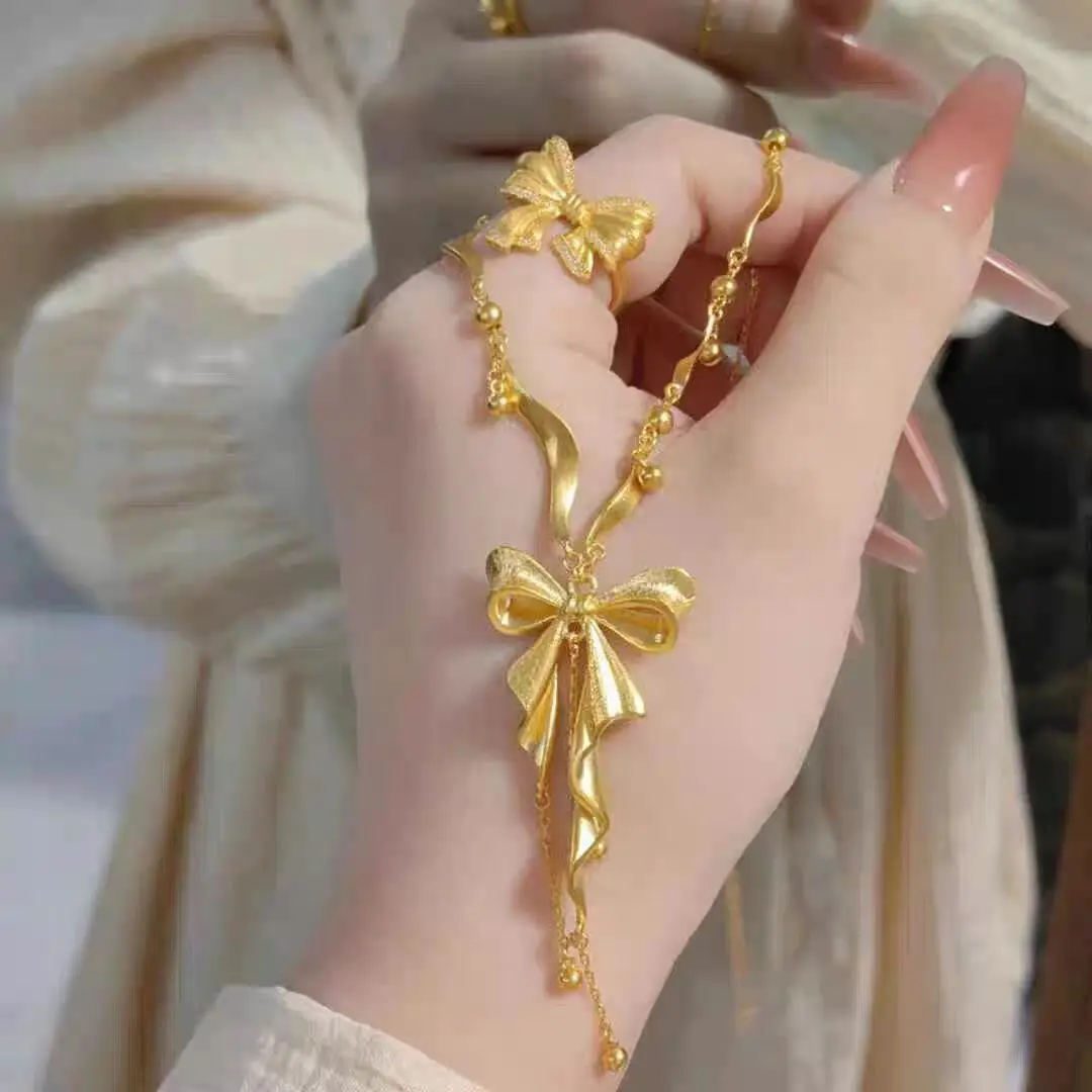 Gold Shop Same Style Sand Gold Runaway Princess Ribbon Tassel Bow Pendant Necklace Women 2025 Trendy Clavicle Chain Jewelry Gift
