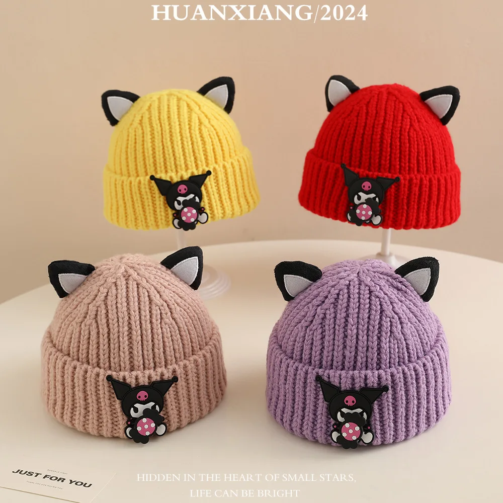 

Sanrio Kuromi wool hat fall and winter Kuromi children's wool cap cute cartoon girl warm knitted cap set head cap