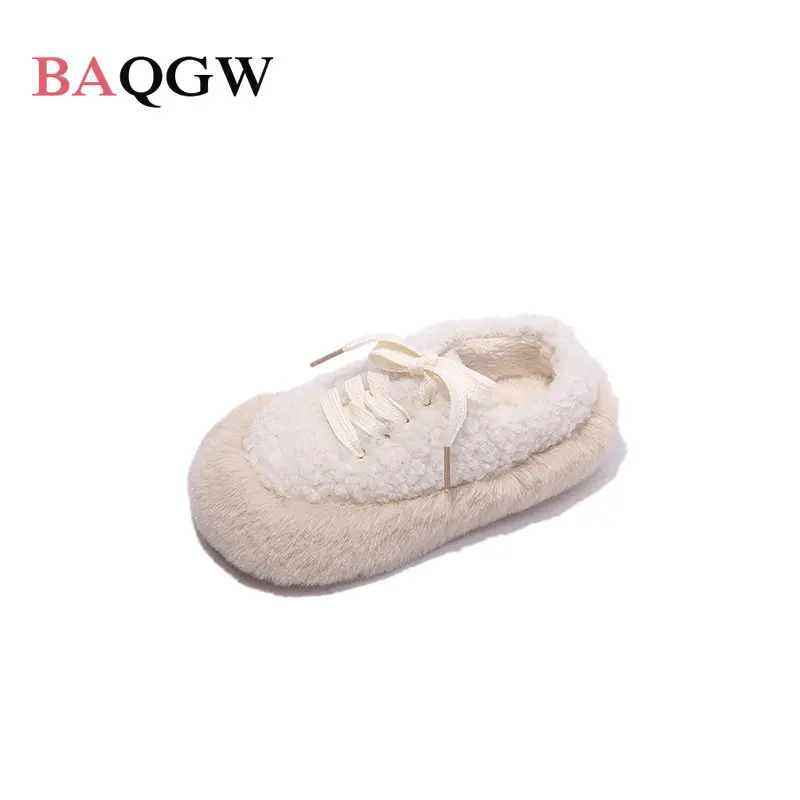 

New Children's Casual Flats Shoes Toddler Shoes Girl Cute Furry Winter Warm Lace-up Anti-slippery Kids Walking Soft Bottom Shoes