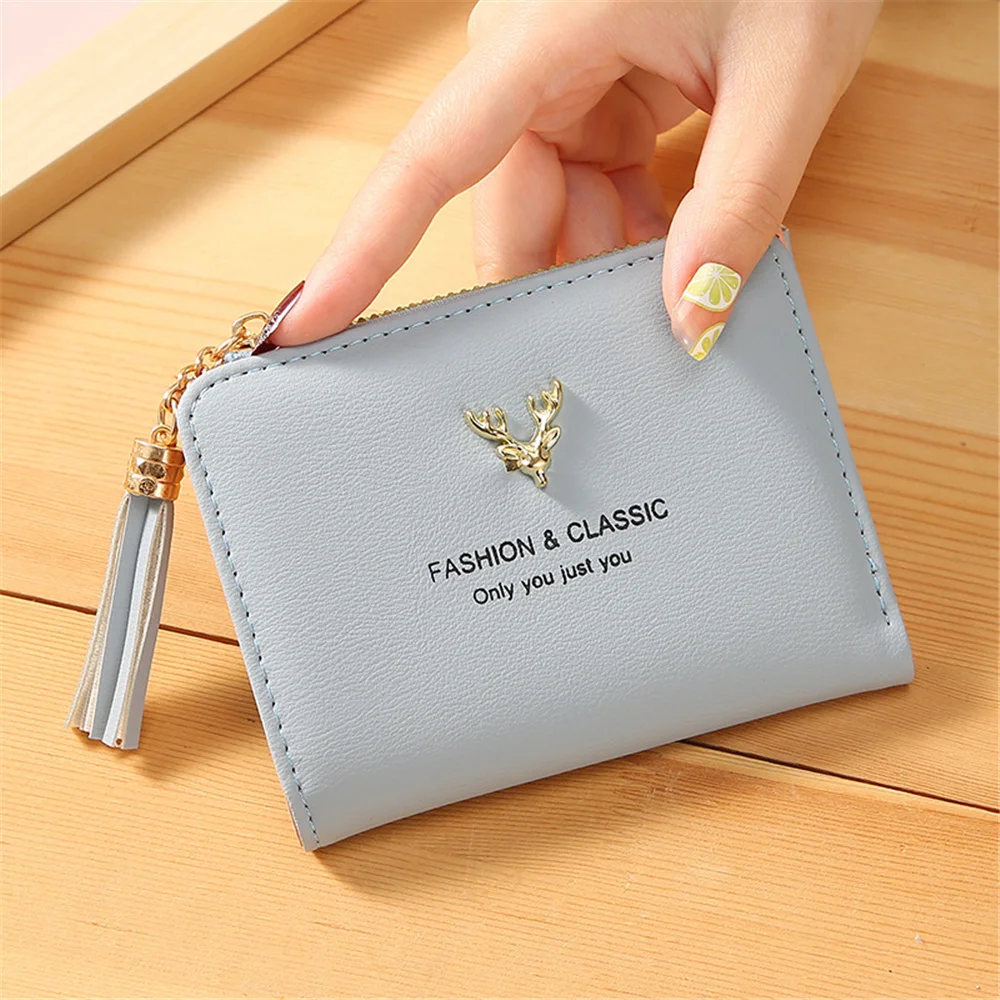 Fashion Classic Elk Wallet Trendy Two-fold Short Zipper Purses for Women PU Leather Coin Purse Card Holder Girls Christmas Gift