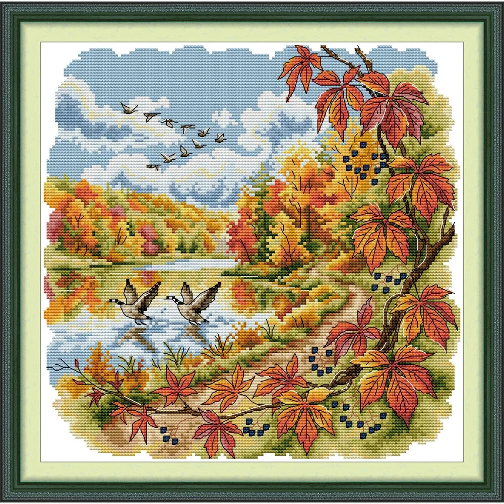 Joy Sunday News Pre-Printed Cross Stitch Kit, Stamped Aida Fabric with DMC Threads, Embroidery Kit - Autumn Scenery