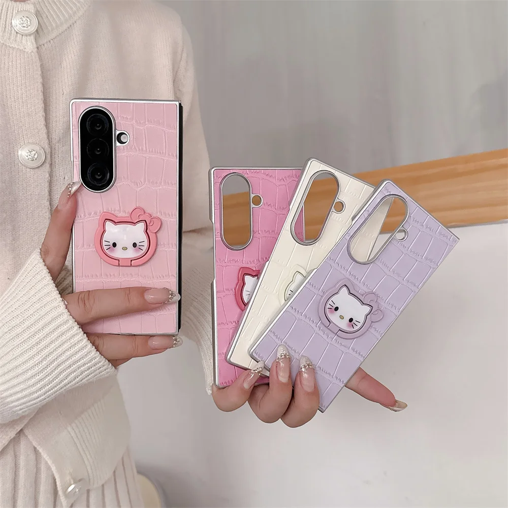 

Korean Ins Leather With HelloKitty Stand Phone case for Samsung Galaxy Z Fold 7 6 5 Fold 5 4 Fold 6 5 Cover Fashion Funda Capa
