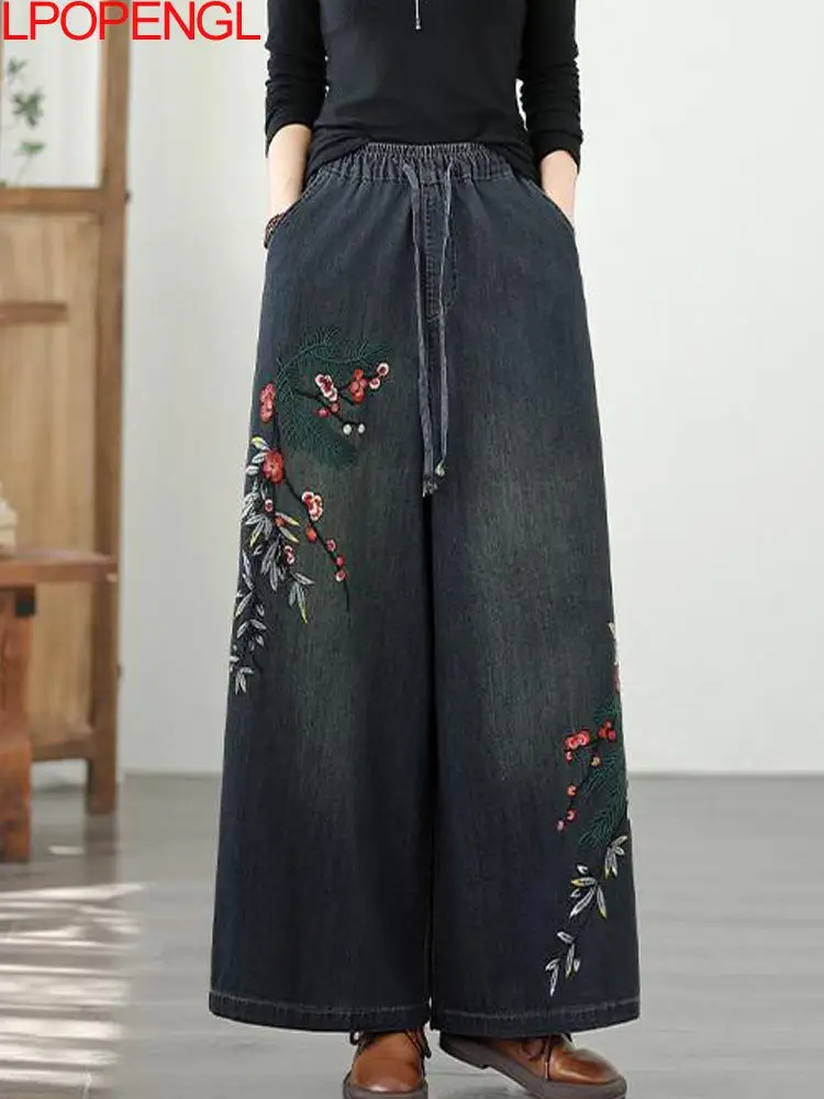 

New 2025 Autumn And Winter Retro Embroidery Ethnic Style Wide Leg Pants Women's Elastic Waist Casual Drawstring Straight Jeans