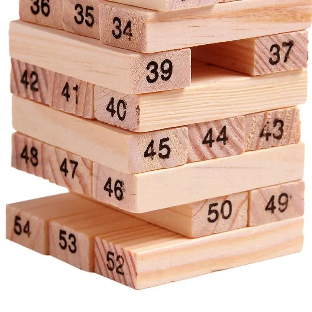 54 Pcs Log-coloured Digital Children's Stacked Building Blocks Wooden Tumbling Tower Game Family Garden Games Educational Toy