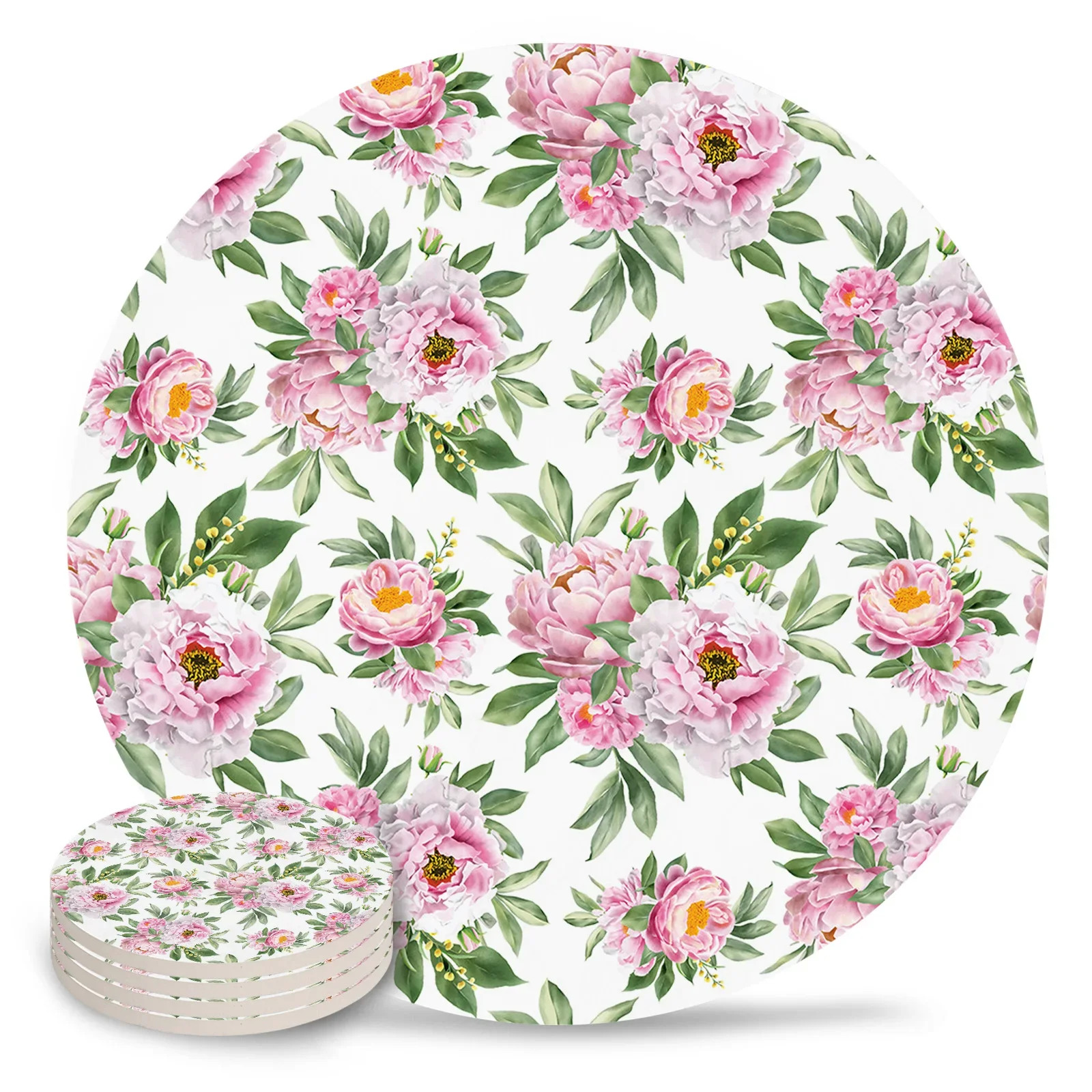 Vintage Pink Hibiscus Flower White Ceramic Coaster Set Kitchen Table Round Placemat Luxury Decor Coffee Tea Cup Coasters