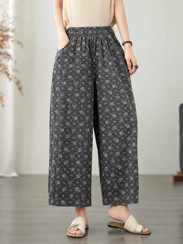 

Retro Print Full Cotton Denim Elastic Waist Slimming Loose Casual Straight Leg Wide Leg Pants Women's plus Size Jeans