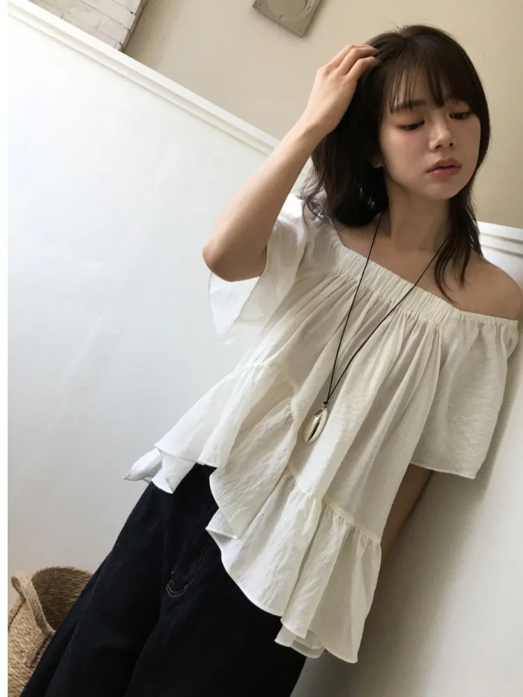 Korean Style Loose Fit Women's off Shoulder Chiffon Shirt Asymmetrical Simple Elegant Ultra Versatile Short Sleeve Blouse
