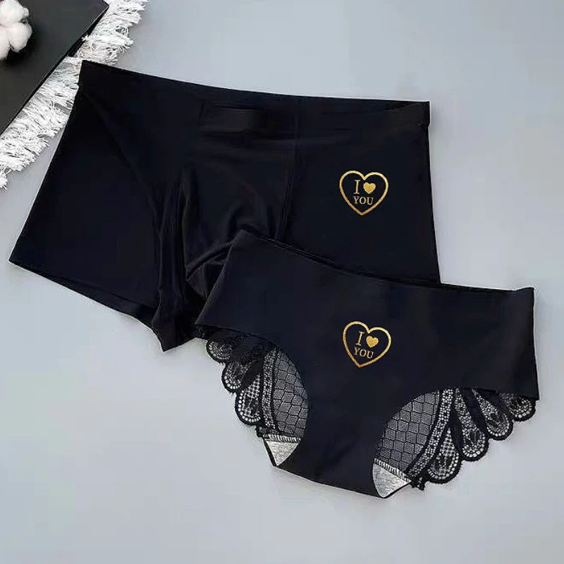 

Couple Seamless Sexy Underwear Lovely Smooth Men Ice-silk Pouch U Boxer Shorts Womens Lace Bikini Briefs Elastic Lovers Panties