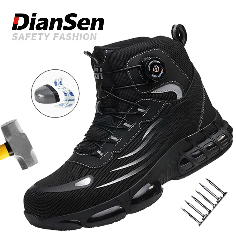 

Rotary Button Work Safety Shoes for Men Steel Toe Indestructible Black Industrial Shoes Anti-smash High Top Shoes Kevlar fabric