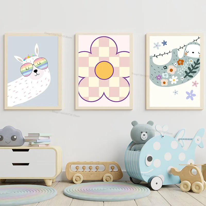 Cute Alpaca Sloth Flower Cherry  Wall Art Canvas Painting Nordic Cartoon Posters Prints Wall Pictures Baby Kids Room Home Decor