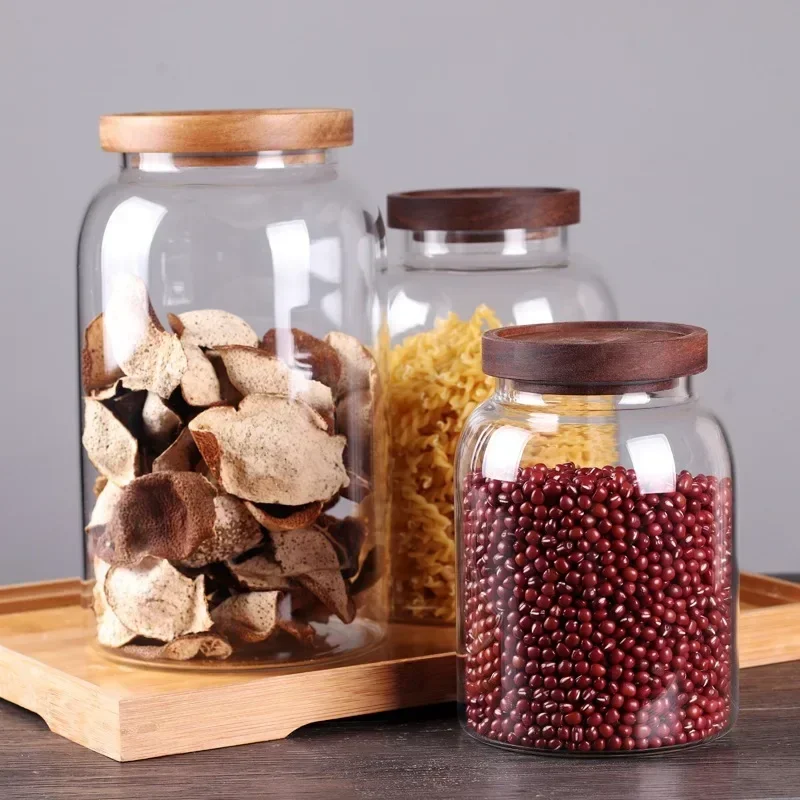 3000ml Large Sealed Food Storage Jar Kitchen Container with Wood Lid Spices Glass Clear Pasta Airtight Canister Organizer Bottle