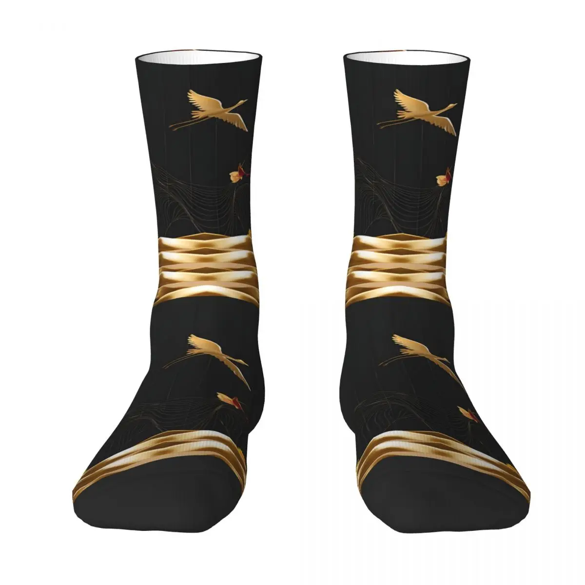 Retro Golden Flying Cranes Dancing Modern Japanese Men's Socks Unisex Harajuku Pattern Printed Happy Crew Sock Gift