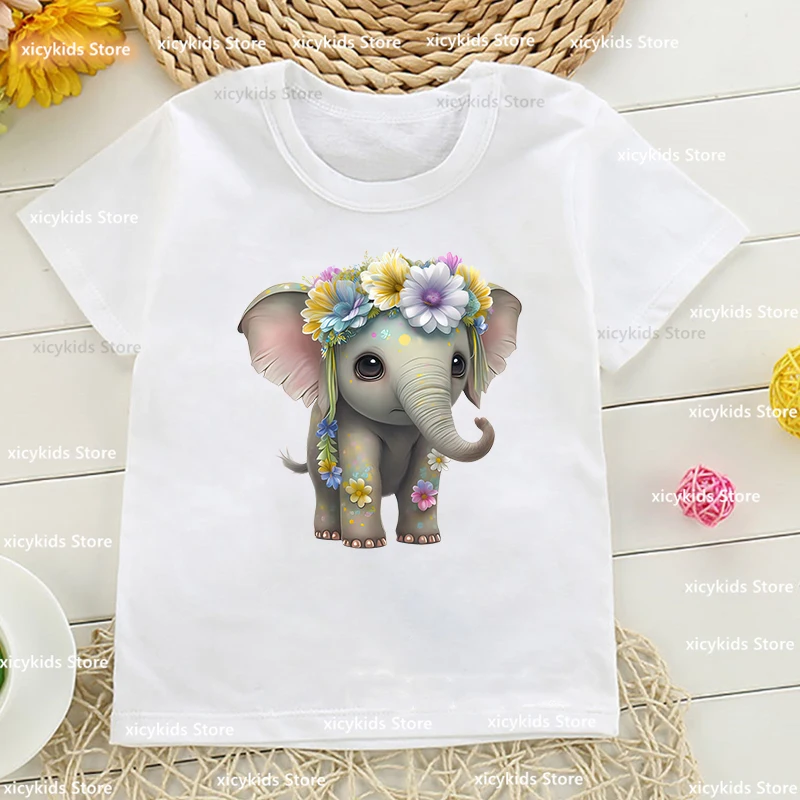 

Kawaii Girls' T-Shirts Cute Baby Elephant Animal Print Girls' Clothing Summer Harajuku Children'S Tshirts Top Dropshipping