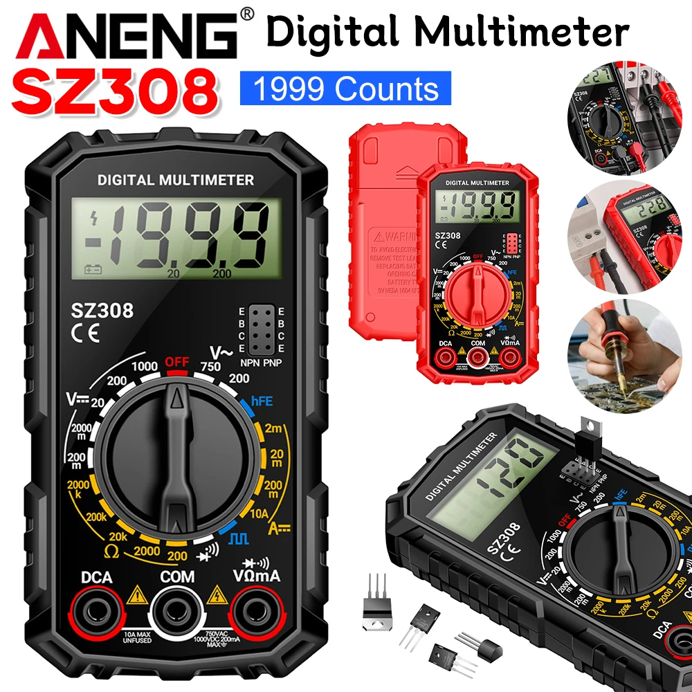 ANENG SZ308 Digital Multimeter 1999 Counts AC/DC Voltmeter Ammeter Voltage Tester Resistance Meter HFE Triode Buzzer Multimeter