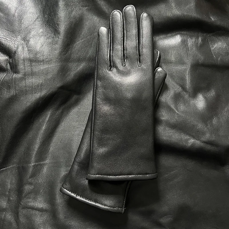 Ladies Sheepskin Gloves Classic Solid Color Real Leather Spring Velvet Lining Cycling Driving Gloves Autumn Winter