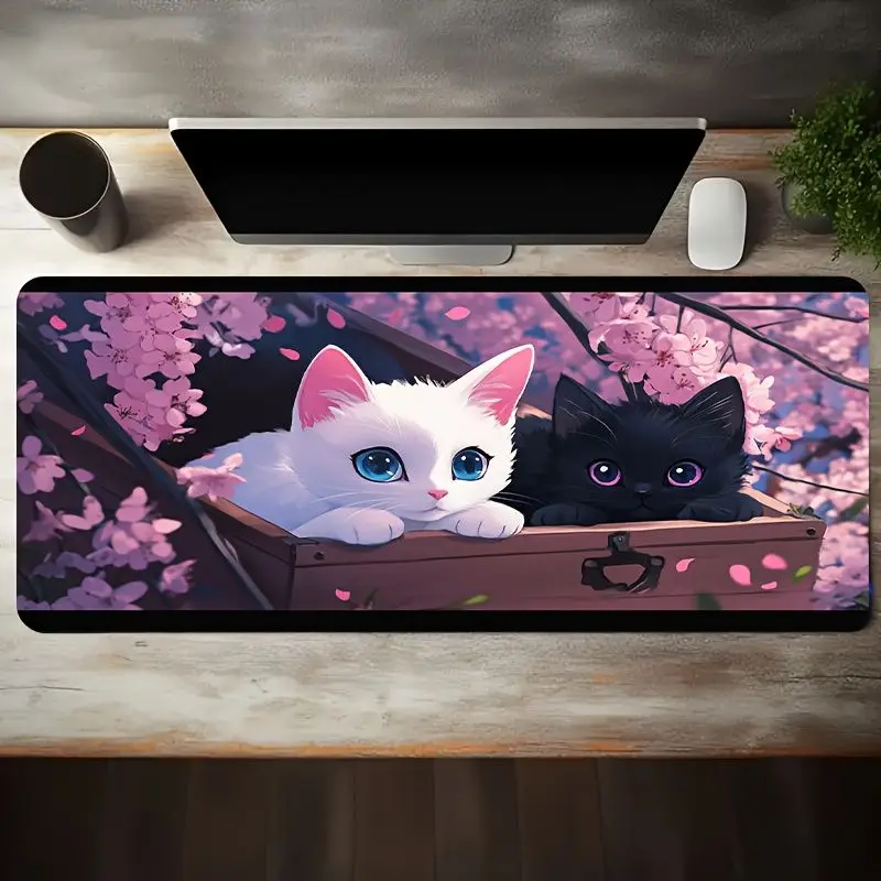 VIKAMA Cherry Blossom Black White Cat XXL Desk Mat Anti Slip Gaming Mouse Pad Cute Animal Keyboard Mat Desktop Decor