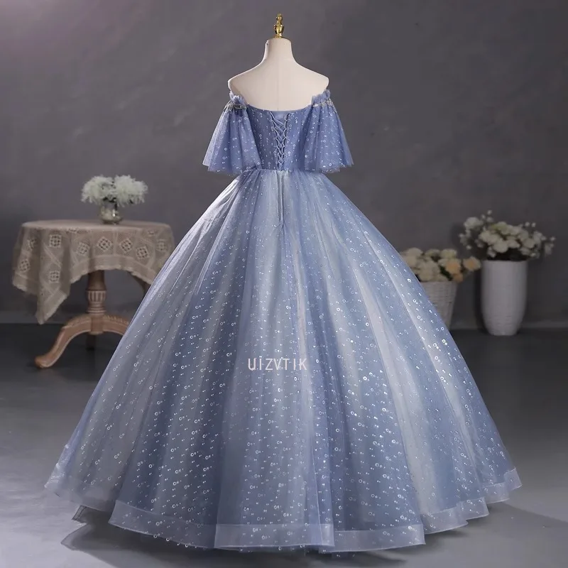 Новые серо-синие платья Quinceanera, бальные платья больших размеров с рукавами, пышные платья для выпускного вечера, милое платье 16, Vestido De 15anos