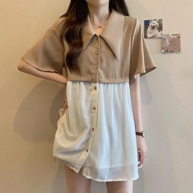 

Contrasting Colors Fake Two Pieces Short Sleeve Women Summer Large Size Lapel Collar Net Yarn Solid Color Corset All-match Tops