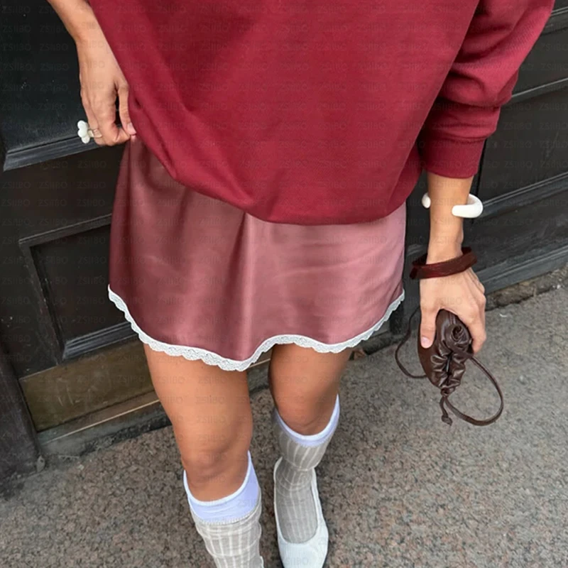 Sommer Sexy Hohe Taille Satin Elegante Hüfte Gewickelt Rock Y2K Amerikanische Mode Casual Straße Einfache Genähte Spitze Einfarbig Rock