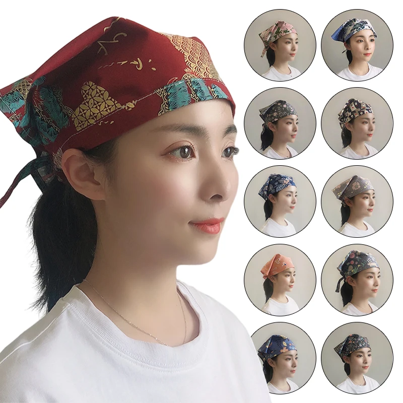 

Waiter's Work Headscarf Triangle Headscarf Japanese Catering Uniform Simple Printed Chef Dust Cap Waiter Triangle Hat Adjustable