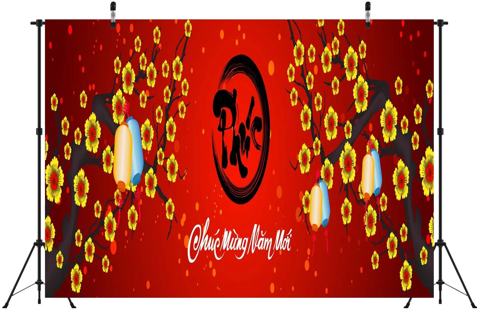 Happy Vietnamese New Year Backdrop TET Decor Blooming Flowers Lanterns Red Lunar New Year Background Asian Party Holiday