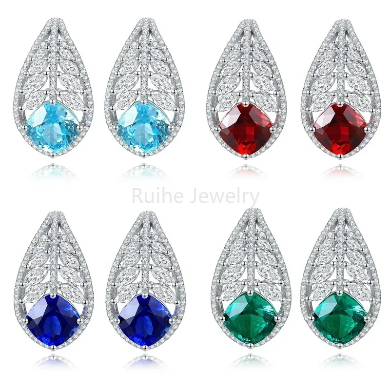 Ruihe New 925 Silver Cushion Cut Lab Grown Paraiba Sapphire Ruby Emerald with Simulated Diamond Zirconia Elegant Earrings Women