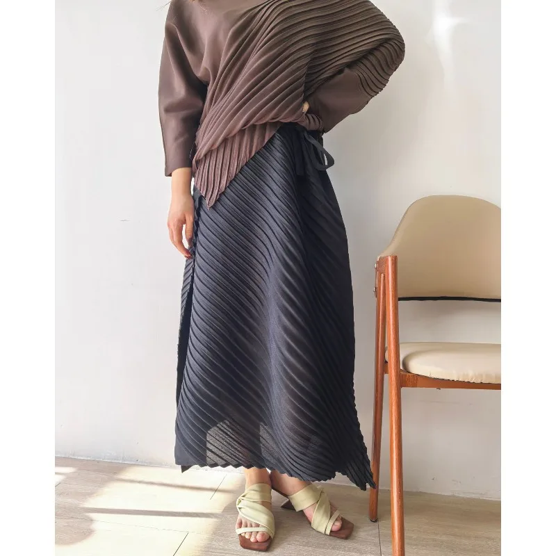 

Miyake Pleated Women Half Skirt Irregular Waist Tie Stretch Long Skirt Simple Loose Casual Korean Wear Travel Commuter Clothing