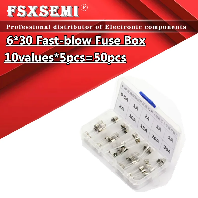 10values*5pcs=50pcs 6*30 6x30 Quick Blow 6x30mm Glass fuse 0.5A 1A 2A 3A 5A 8A 10A 15A 20A 30A 250V 6*30mm Fast fuses