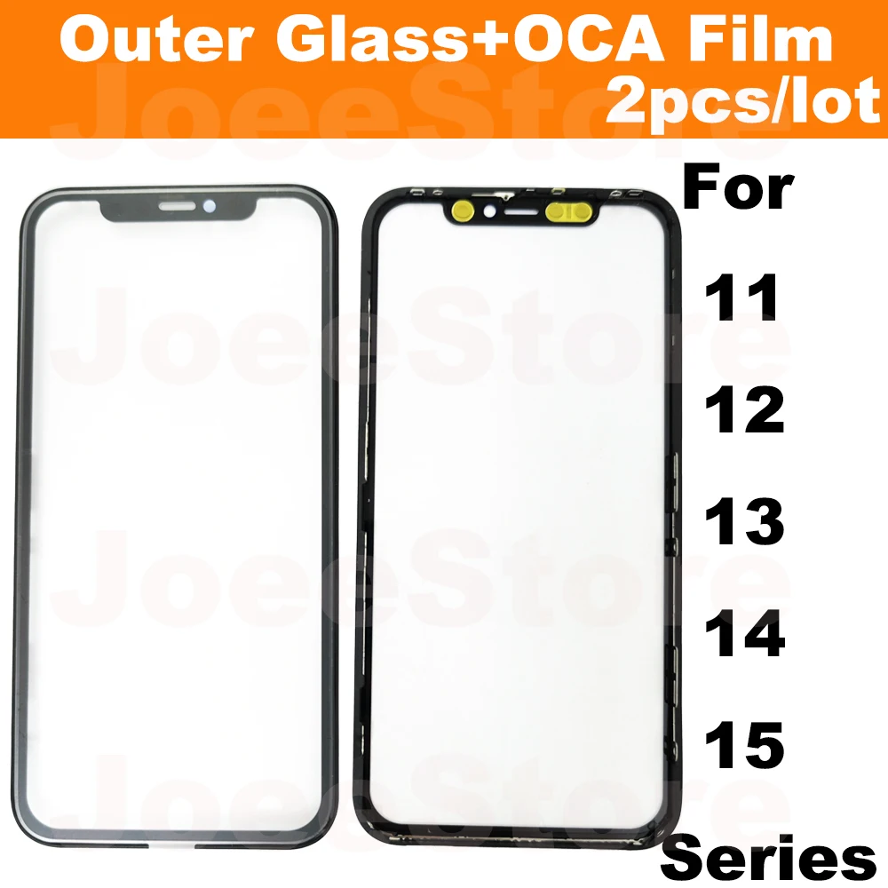 2pcs Outer Glass With OCA Film For iphone 11 12 13 14 15 Pro Max Mini X XR Touch Screen Front Outer Panel Glass Display Repair